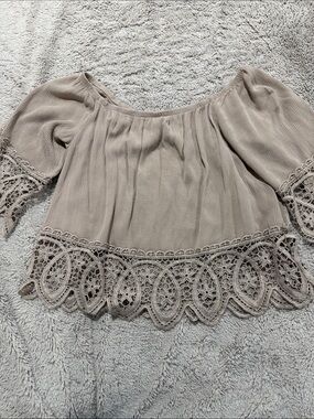 Ambiance Taupe Off-Shoulder Top with Crochet Hem